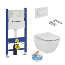 Geberit Toilet set Duofix frame + Tesi Aquablade rimless WC + slim softclose seat + White flush plate + Sound insulation (TesiGeb3SET)