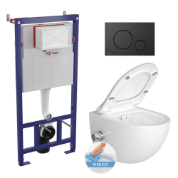 Swiss Aqua Technologies Wall hung toilet set frame + SAT Infinitio rimless WC with thermostatic bidet function + Matt black plate