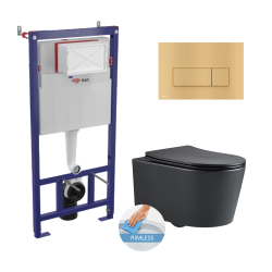 Swiss Aqua Technologies Wall hung toilet set frame + black SAT rimless toilet, invisible fixings + Softclose seat + Gold plate (SMARTK-BlackSAT-gold)