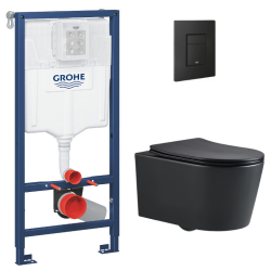 Grohe Toilet Pack Rapid SL Frame + Matt Black Rimless Toilet + Soft-Close Seat + Matt Black Flush Plate (RapidSL-BlackSATrimless-KF0)