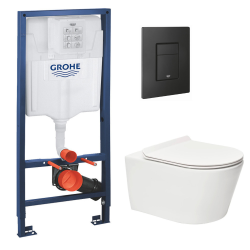 Toilet Pack Rapid SL Frame + SAT Brevis Rimless Toilet with Soft-Close Seat + Matt Black Flush Plate (RapidSL-Brevis-KF0)