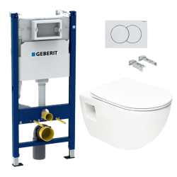 Geberit Toilet Pack Duofix Support Frame + SAT Rimless Toilet + Soft-Close Seat + White Flush Plate (ProjectGeb3)
