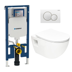 Geberit Duofix Pack UP720 Extra-Flat Support Frame + SAT Rimless Toilet with Soft-Close Seat + White Flush Plate (SLIM-Project-B)